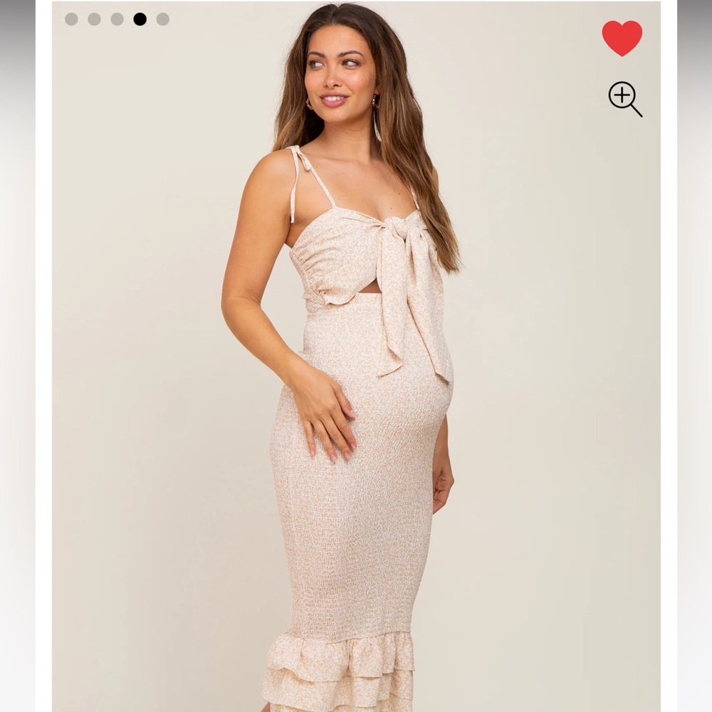 Taupe Floral Knot Front Smocked Maternity Midi Dress